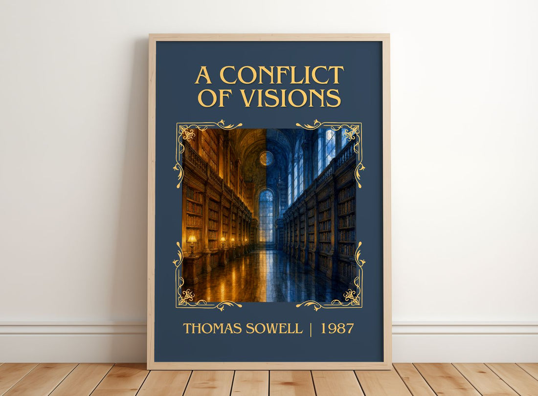 A conflict of visions Classic Book Art Print by Thomas Sowell – framed print leaning on a wooden floor