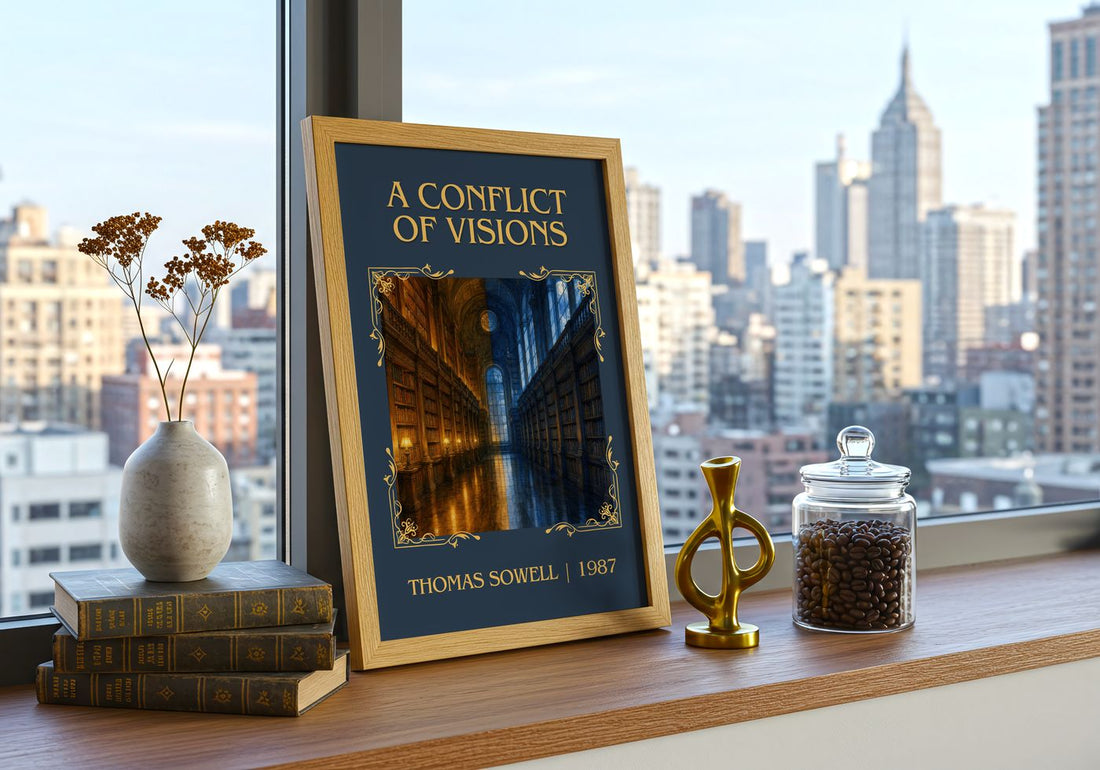 A conflict of visions Classic Book Art Print by Thomas Sowell – framed print on a city-view windowsill