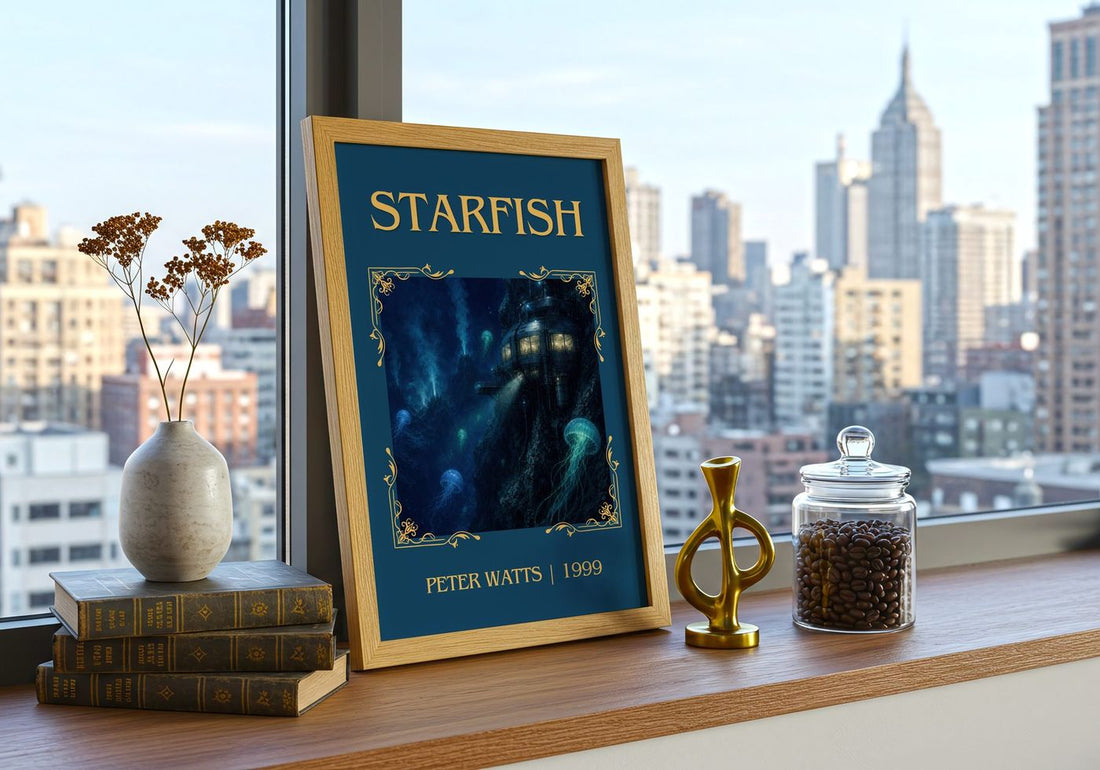 Starfish Classic Book Art Print by Peter Watts – framed print on a city-view windowsill