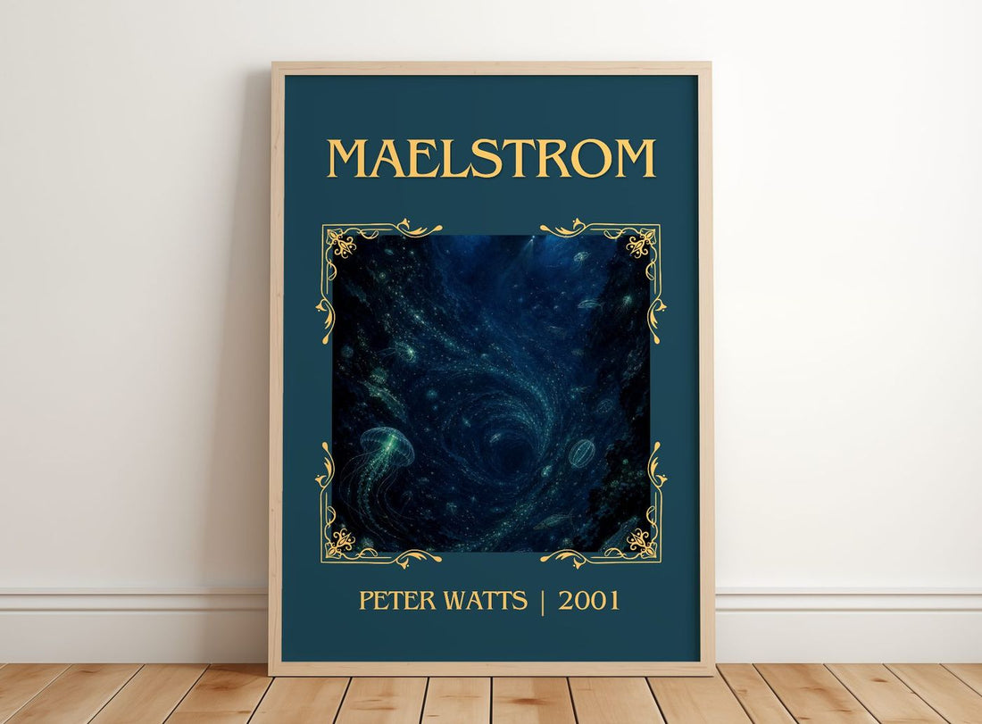 Maelstrom Classic Book Art Print by Peter Watts – framed print leaning on a wooden floor