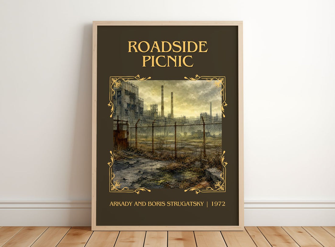 Roadside Picnic Classic Book Art Print by Arkady and Boris Strugatsky – framed print leaning on a wooden floor