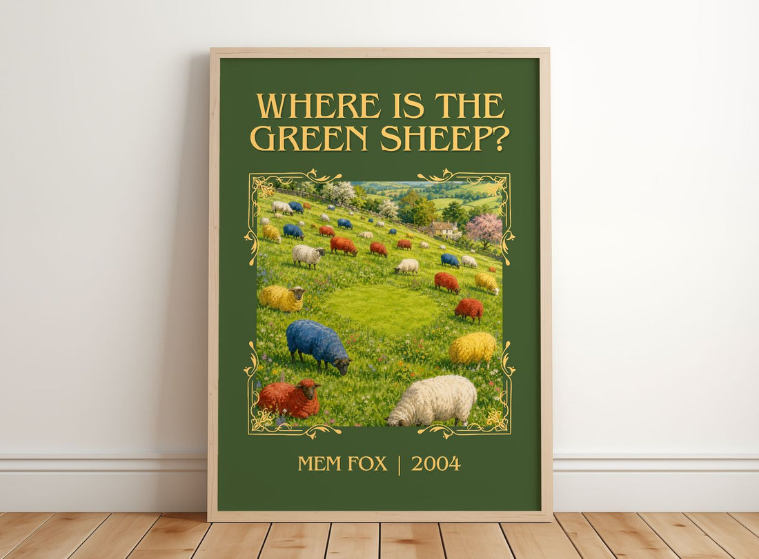 Where is the green sheep? Classic Book Art Print by Mem Fox – framed print leaning on a wooden floor