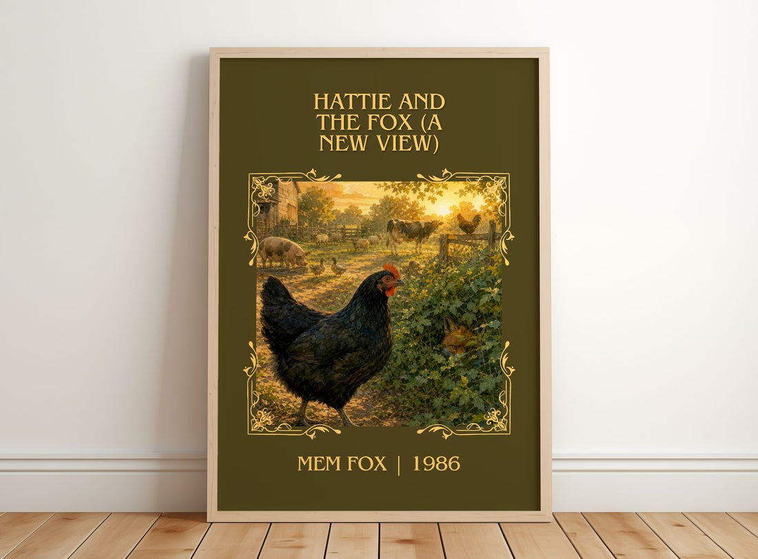 Hattie and the fox (A New View) Classic Book Art Print by Mem Fox – framed print leaning on a wooden floor