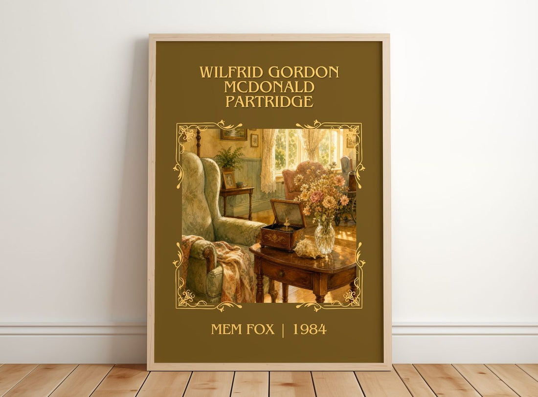 Wilfrid Gordon McDonald Partridge Classic Book Art Print by Mem Fox – framed print leaning on a wooden floor
