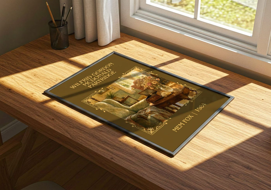 Wilfrid Gordon McDonald Partridge Classic Book Art Print by Mem Fox – print on a sunlit desk