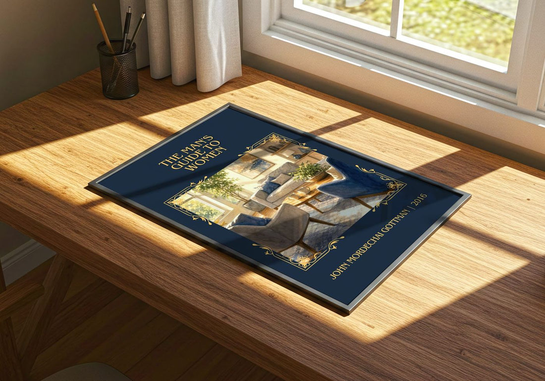 man's guide to women Classic Book Art Print by John Mordechai Gottman – print on a sunlit desk