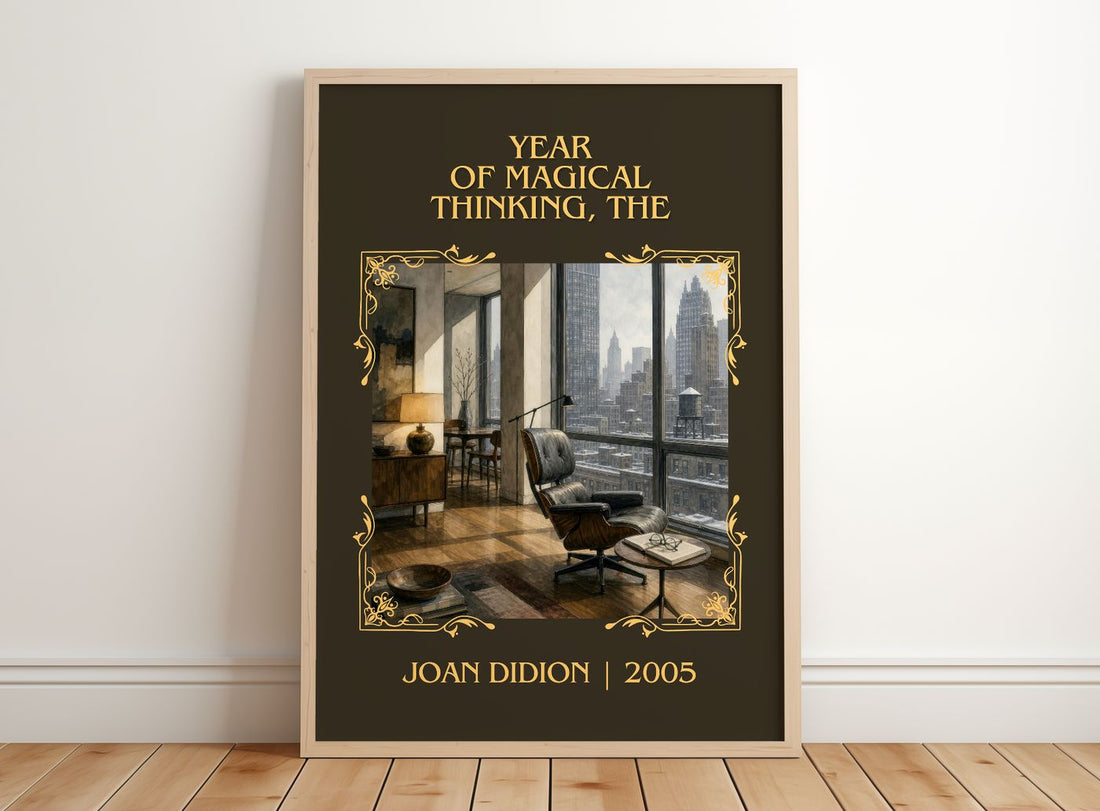 Year of Magical Thinking, The Classic Book Art Print by Joan Didion – framed print leaning on a wooden floor