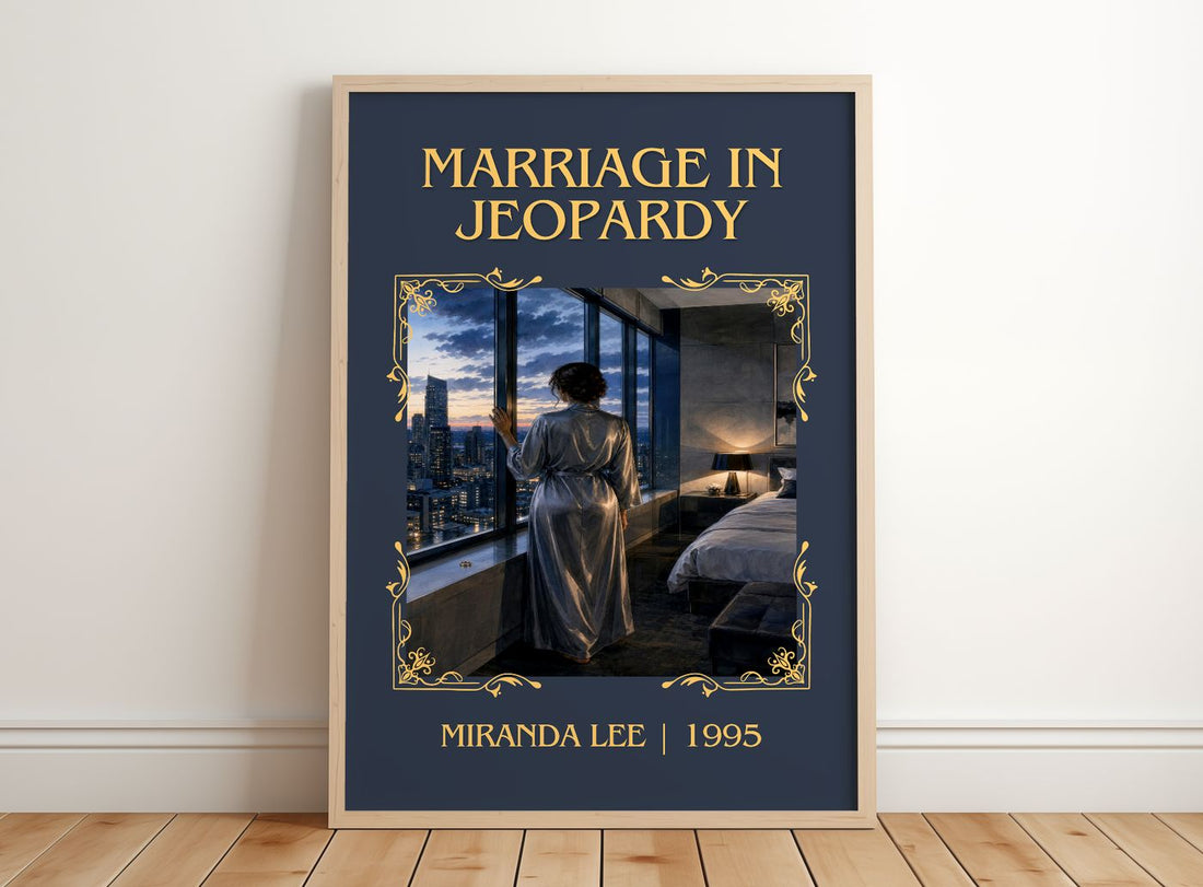 Marriage In Jeopardy Classic Book Art Print by Miranda Lee – framed print leaning on a wooden floor