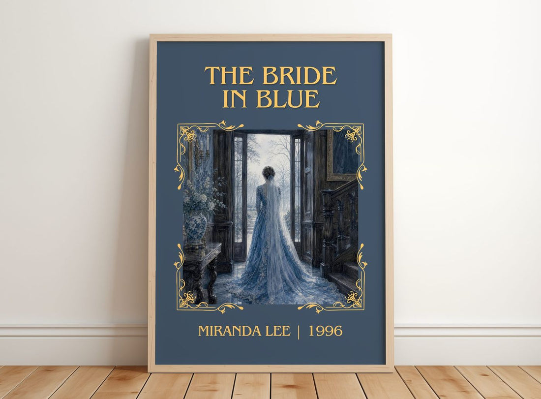 The Bride In Blue Classic Book Art Print by Miranda Lee – framed print leaning on a wooden floor