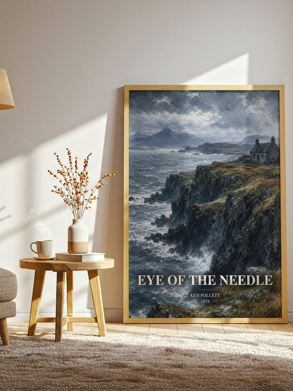 Eye Of The Needle watercolour print in frame leaning in hallway – thriller wall art