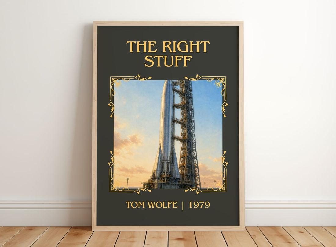 The Right Stuff Classic Book Art Print by Tom Wolfe – framed print leaning on a wooden floor