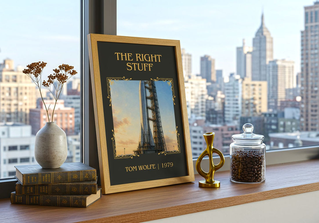 The Right Stuff Classic Book Art Print by Tom Wolfe – framed print on a city-view windowsill
