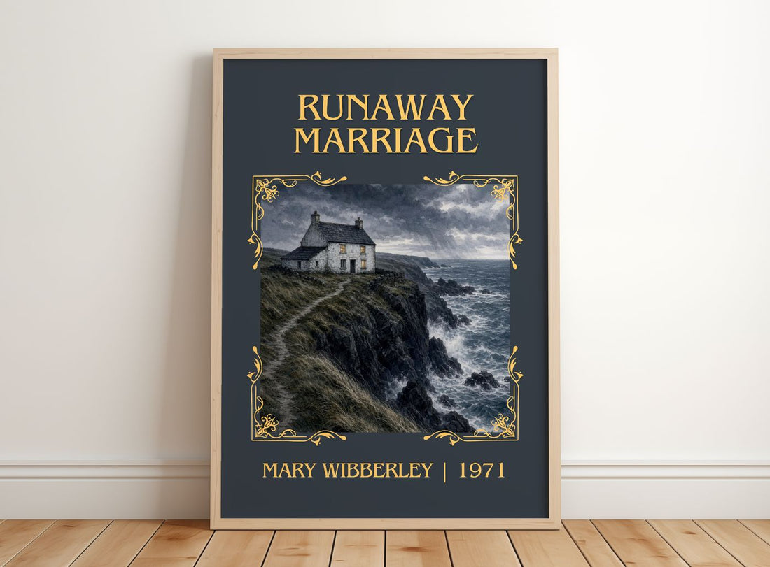 Runaway marriage Classic Book Art Print by Mary Wibberley – framed print leaning on a wooden floor