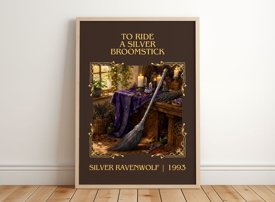 To ride a silver broomstick Classic Book Art Print by Silver Ravenwolf – framed print leaning on a wooden floor