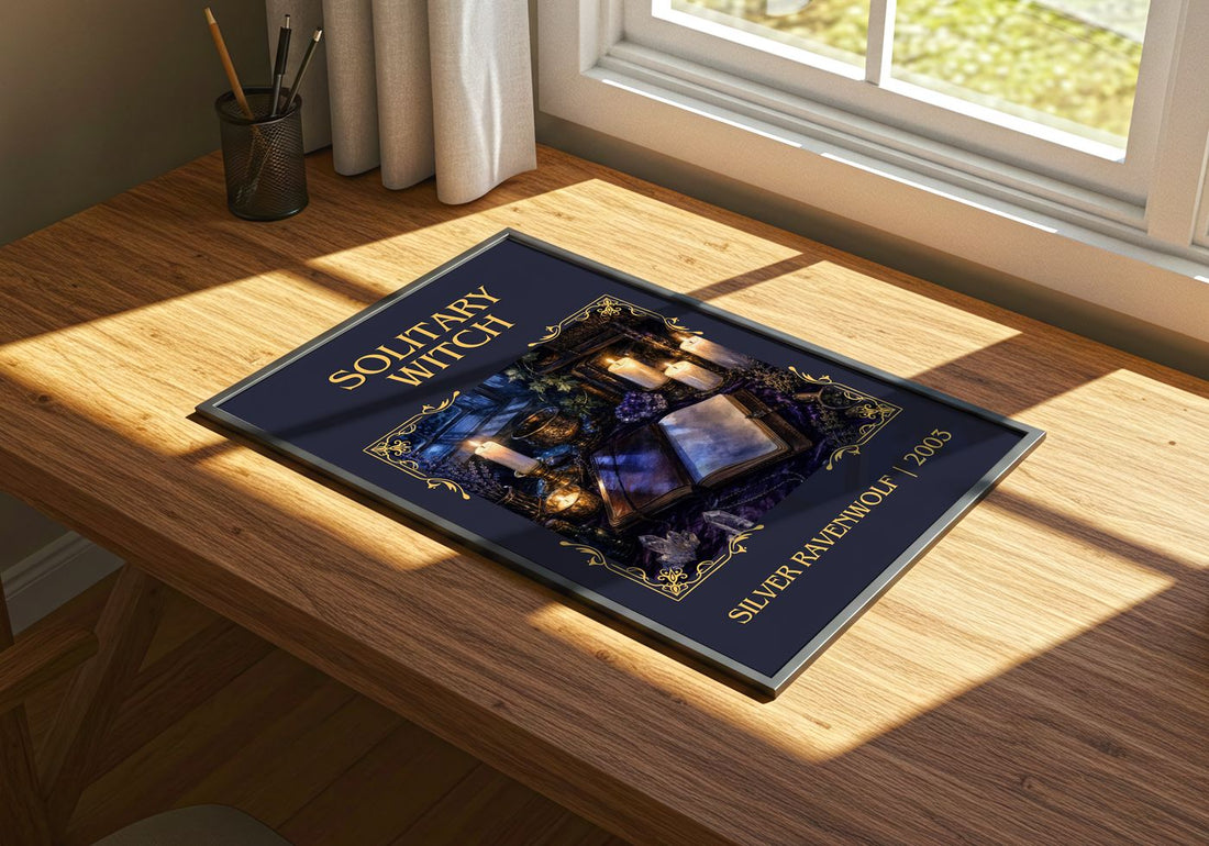 Solitary Witch Classic Book Art Print by Silver Ravenwolf – print on a sunlit desk