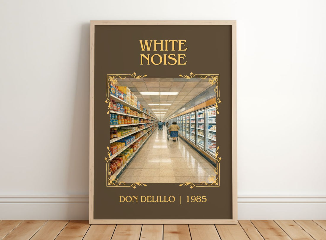 White Noise Classic Book Art Print by Don DeLillo – framed print leaning on a wooden floor