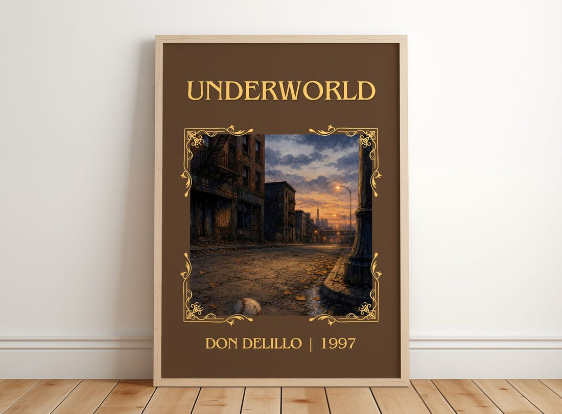 Underworld Classic Book Art Print by Don DeLillo – framed print leaning on a wooden floor