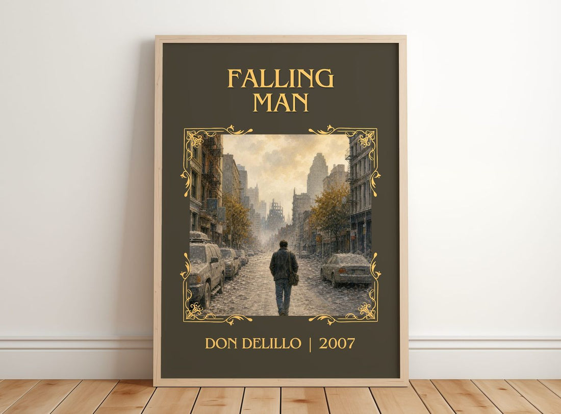 Falling Man Classic Book Art Print by Don DeLillo – framed print leaning on a wooden floor