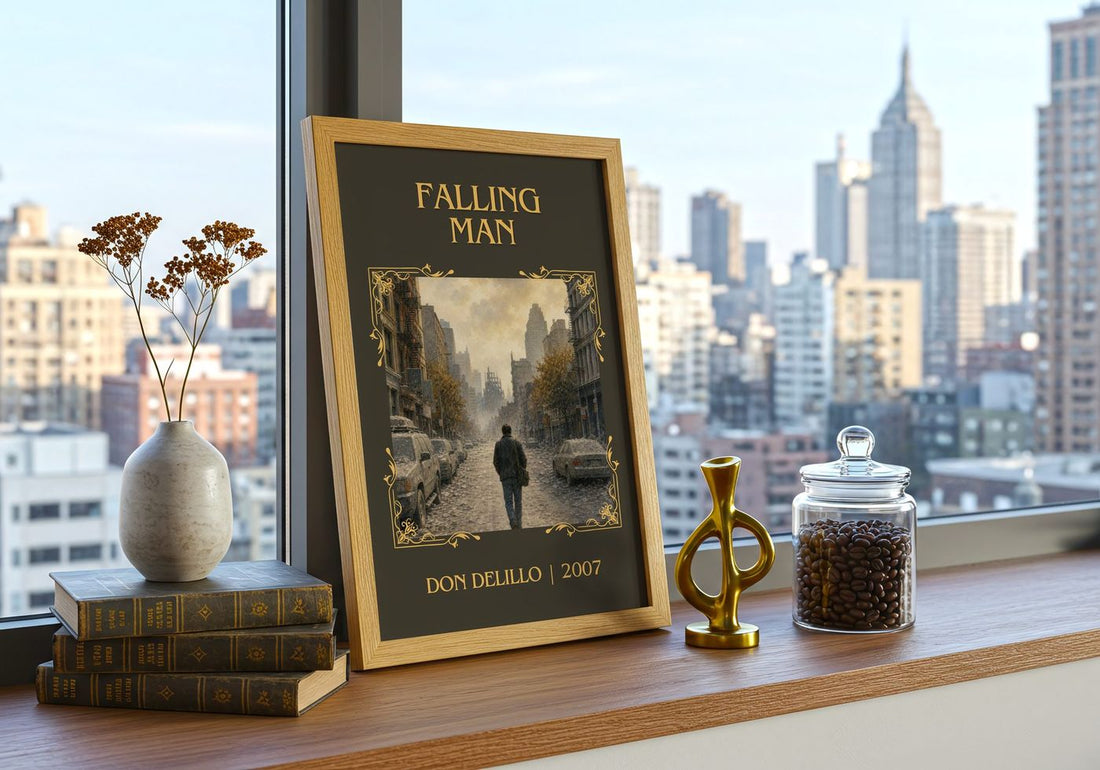 Falling Man Classic Book Art Print by Don DeLillo – framed print on a city-view windowsill
