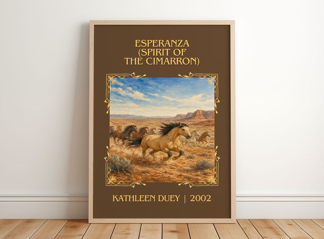 Esperanza (Spirit of the Cimarron) Classic Book Art Print by K. Duey – framed print leaning on a wooden floor