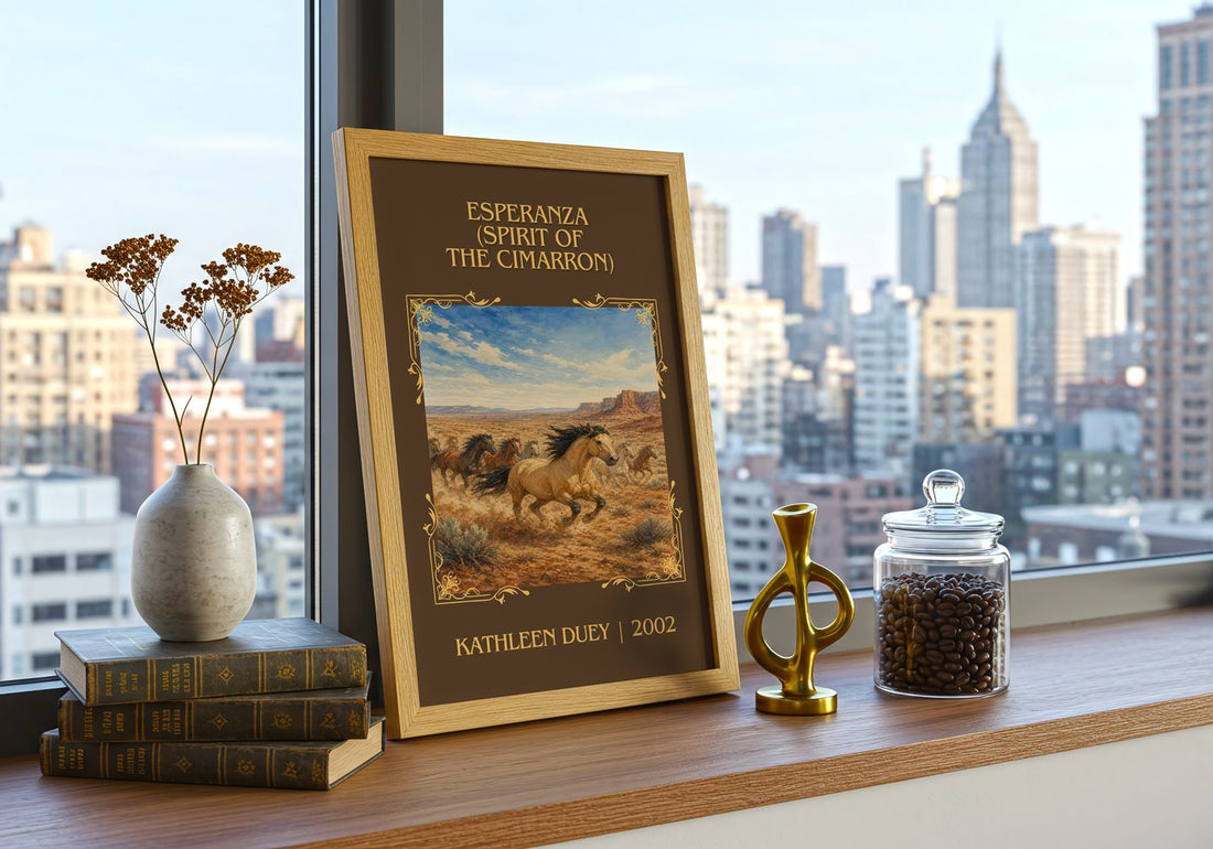 Esperanza (Spirit of the Cimarron) Classic Book Art Print by K. Duey – framed print on a city-view windowsill