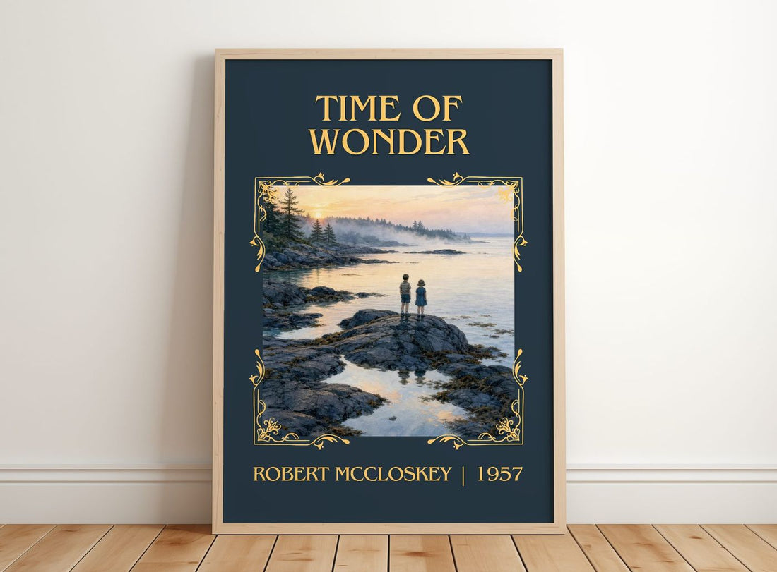 Time of Wonder Classic Book Art Print by Robert McCloskey – framed print leaning on a wooden floor
