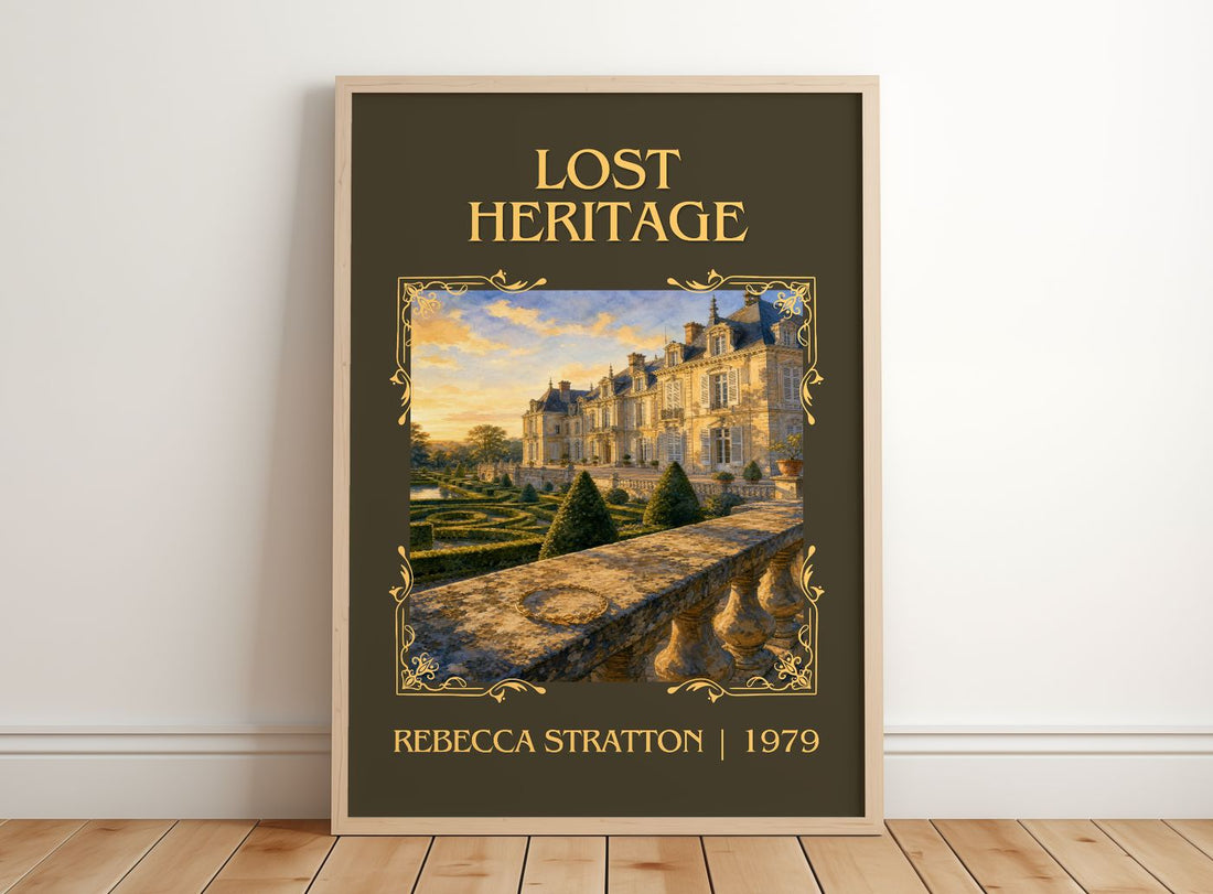 Lost heritage Classic Book Art Print by Rebecca Stratton – framed print leaning on a wooden floor