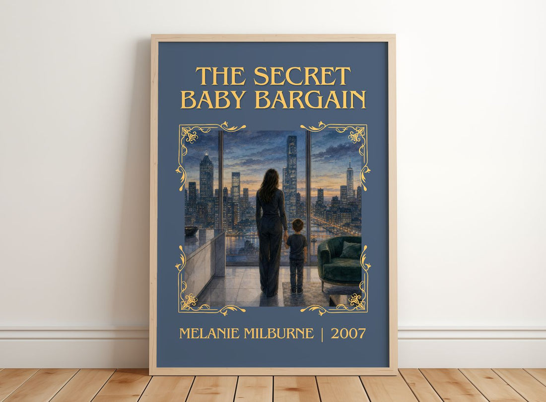 The Secret Baby Bargain Classic Book Art Print by Melanie Milburne – framed print leaning on a wooden floor