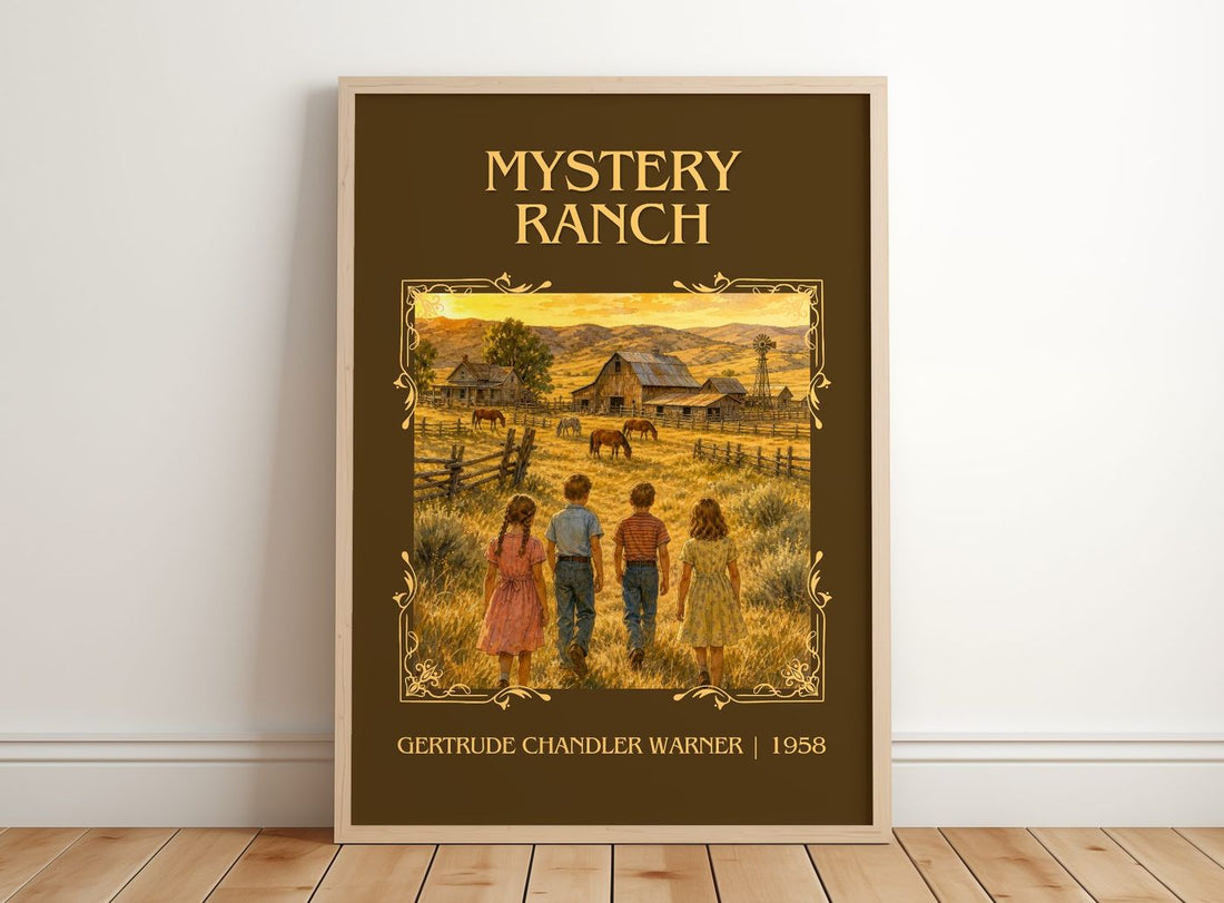 Mystery Ranch Classic Book Art Print by Gertrude Chandler Warner – framed print leaning on a wooden floor