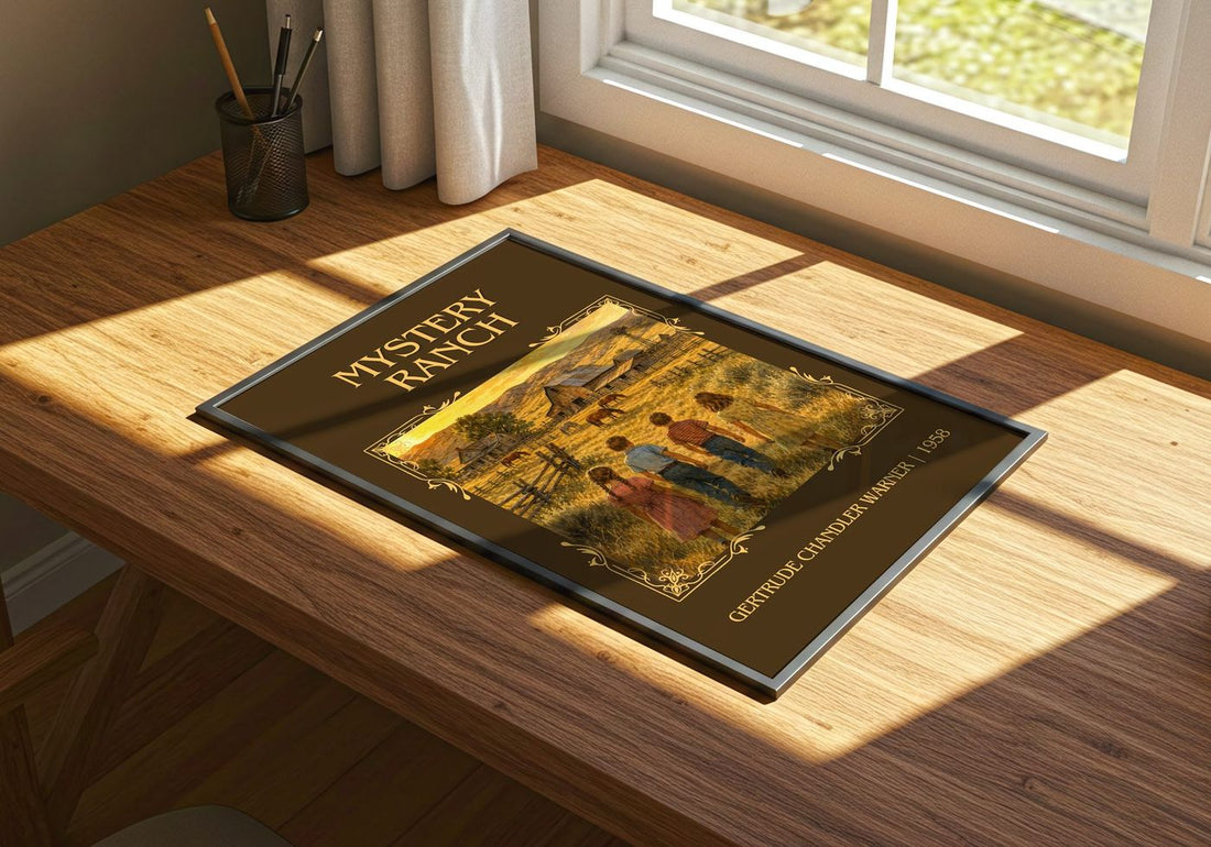 Mystery Ranch Classic Book Art Print by Gertrude Chandler Warner – print on a sunlit desk