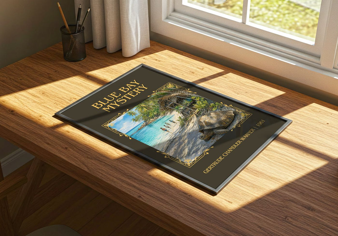 Blue Bay Mystery Classic Book Art Print by Gertrude Chandler Warner – print on a sunlit desk