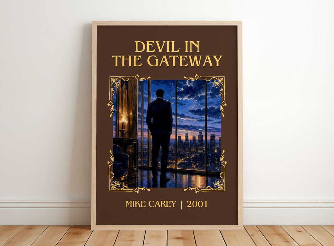Devil in the Gateway Classic Book Art Print by Mike Carey – framed print leaning on a wooden floor