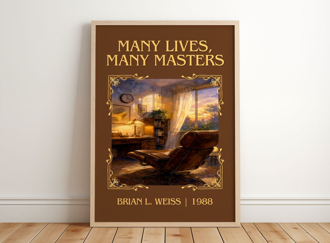 Many Lives, Many Masters Classic Book Art Print by Brian L. Weiss – framed print leaning on a wooden floor