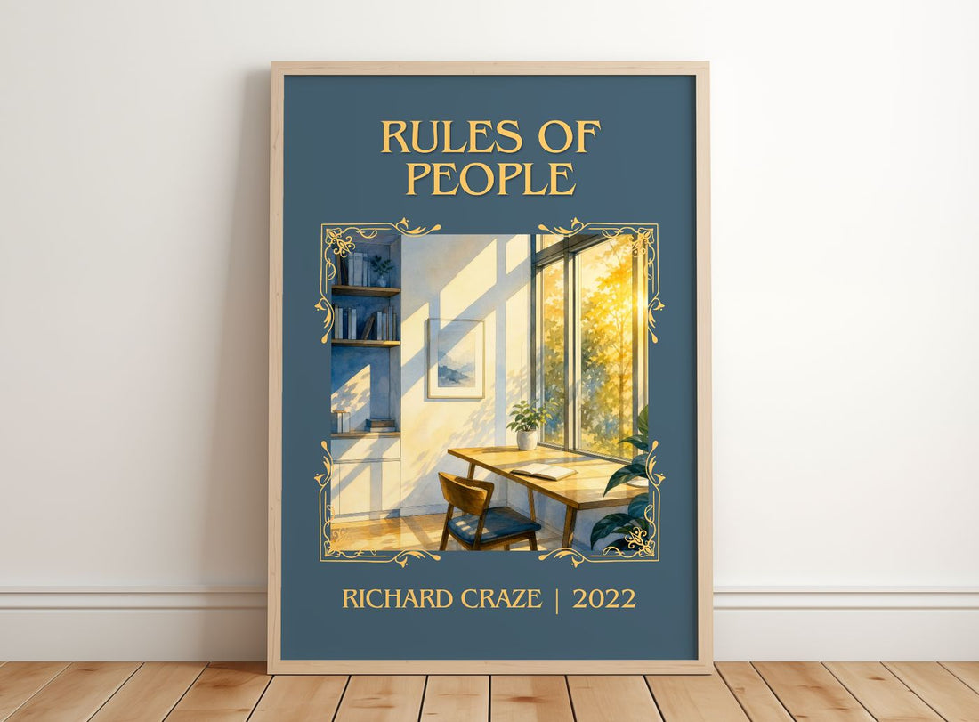 Rules of People Classic Book Art Print by Richard Craze – framed print leaning on a wooden floor