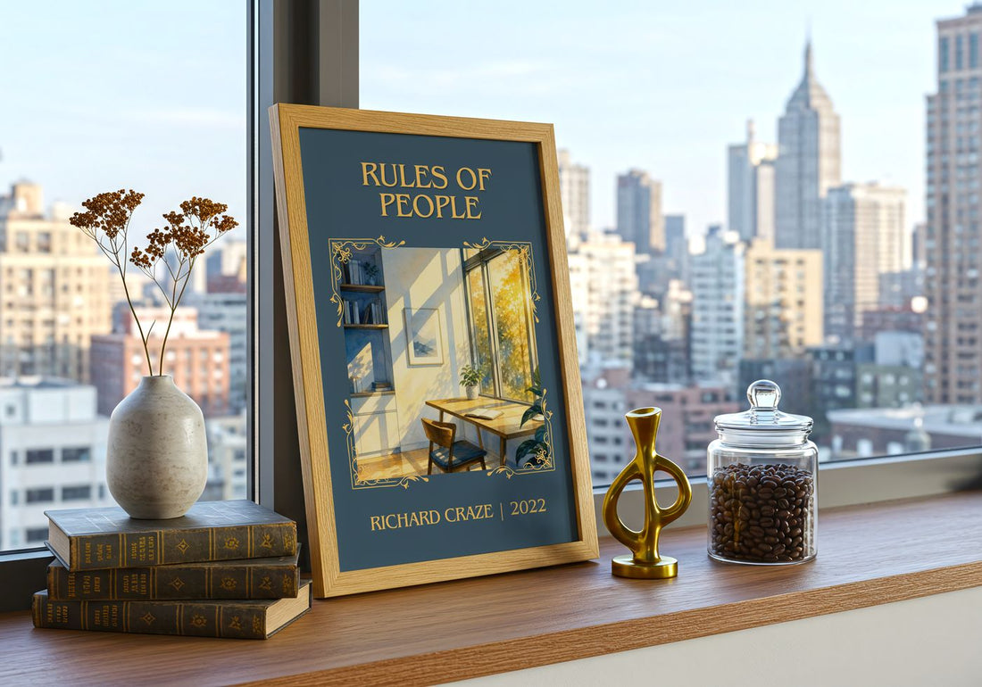 Rules of People Classic Book Art Print by Richard Craze – framed print on a city-view windowsill