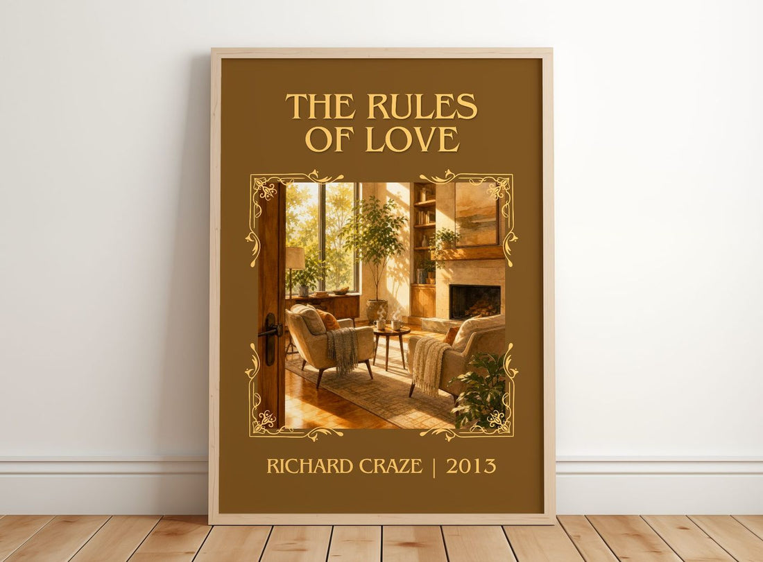 The Rules of Love Classic Book Art Print by Richard Craze – framed print leaning on a wooden floor