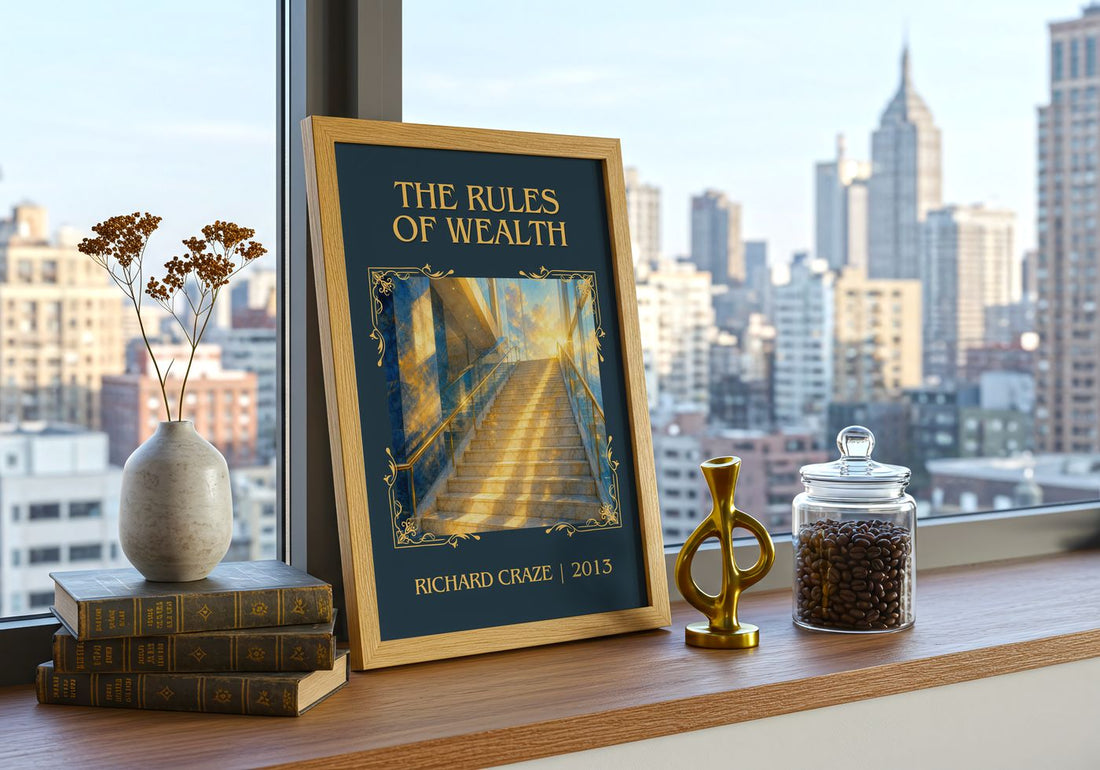 The Rules of Wealth Classic Book Art Print by Richard Craze – framed print on a city-view windowsill
