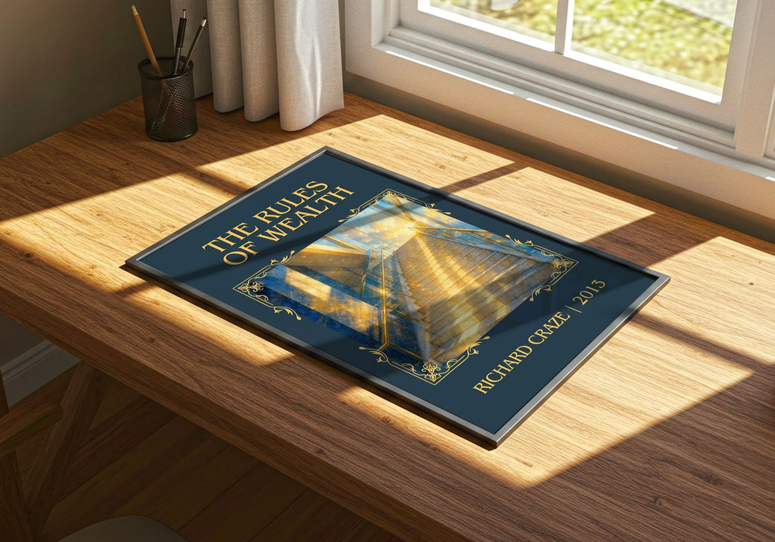 The Rules of Wealth Classic Book Art Print by Richard Craze – print on a sunlit desk
