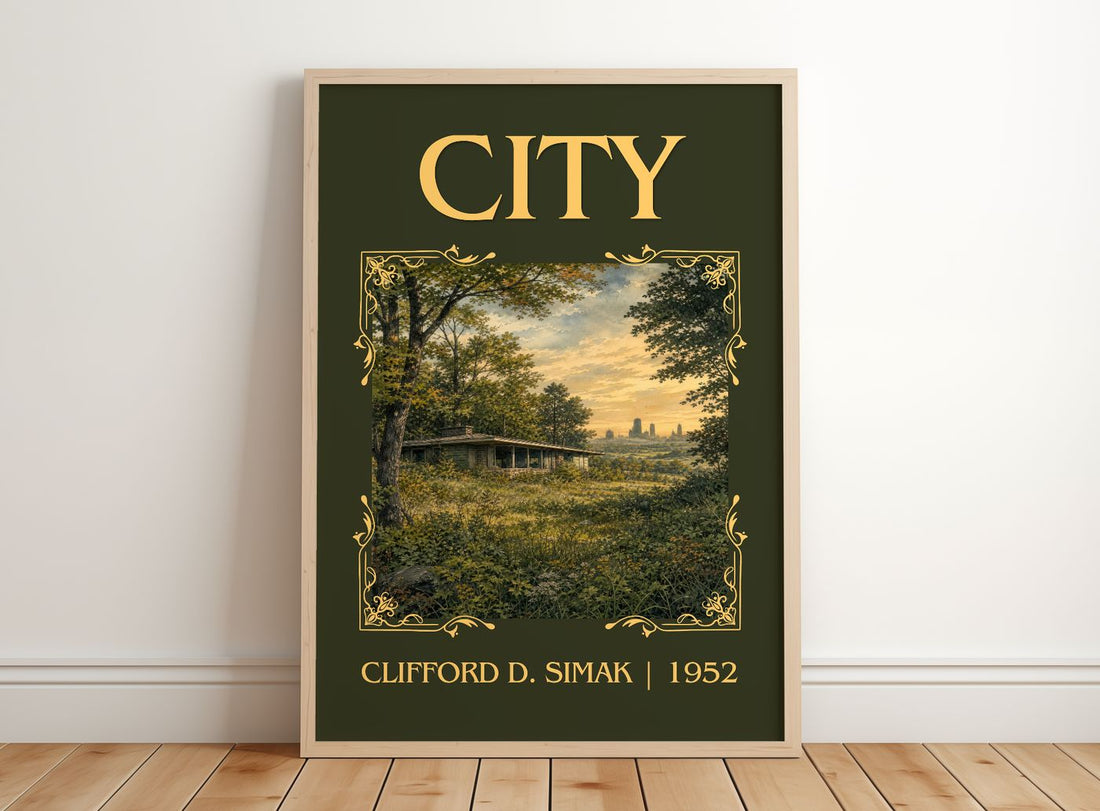 City Classic Book Art Print by Clifford D. Simak – framed print leaning on a wooden floor