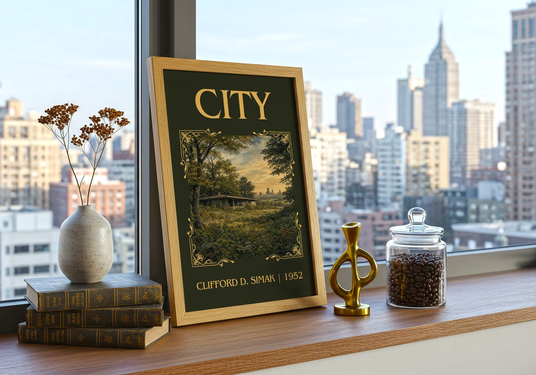 City Classic Book Art Print by Clifford D. Simak – framed print on a city-view windowsill