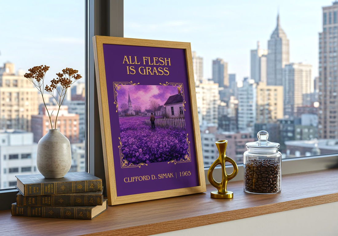 All Flesh Is Grass Classic Book Art Print by Clifford D. Simak – framed print on a city-view windowsill