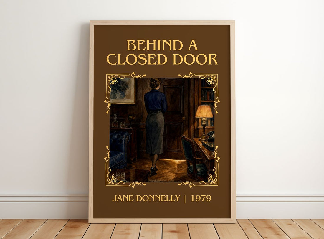 Behind A Closed Door Classic Book Art Print by Jane Donnelly – framed print leaning on a wooden floor