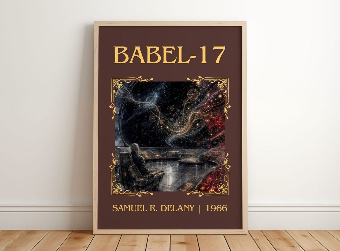 Babel-17 Classic Book Art Print by Samuel R. Delany – framed print leaning on a wooden floor