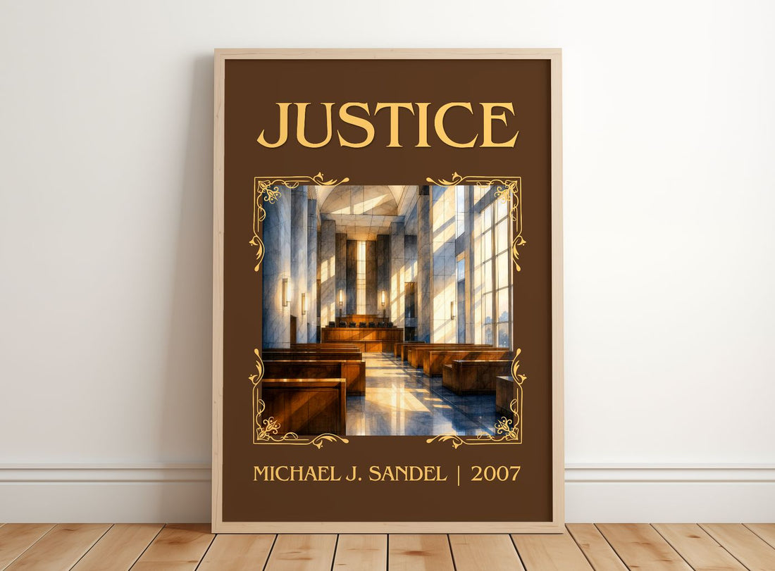 Justice Classic Book Art Print by Michael J. Sandel – framed print leaning on a wooden floor