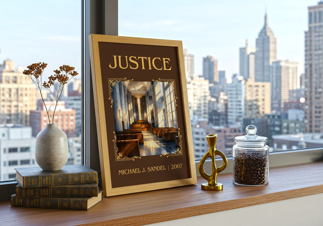 Justice Classic Book Art Print by Michael J. Sandel – framed print on a city-view windowsill