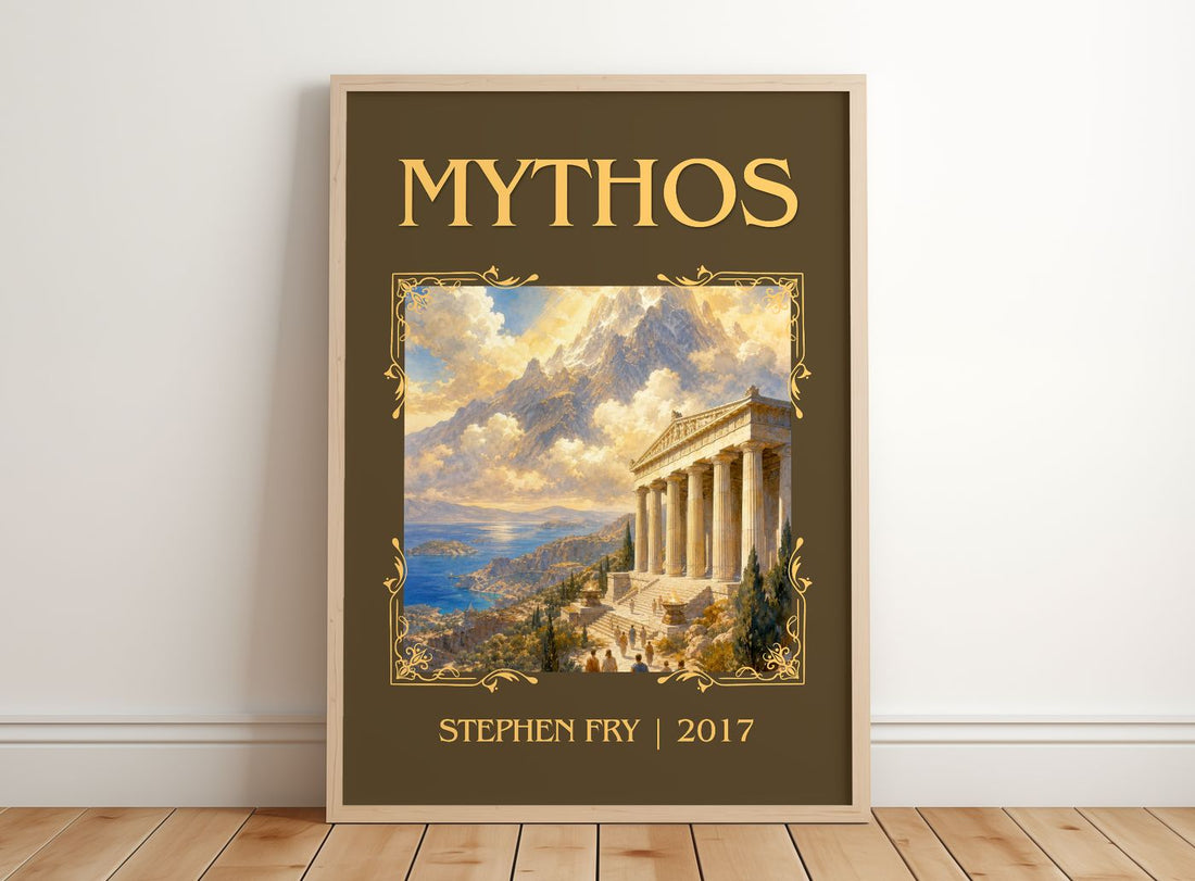 Mythos Classic Book Art Print by Stephen Fry – framed print leaning on a wooden floor