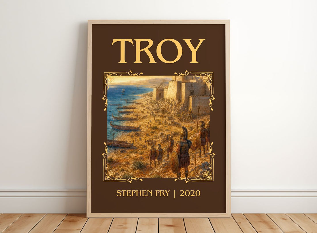 Troy Classic Book Art Print by Stephen Fry – framed print leaning on a wooden floor