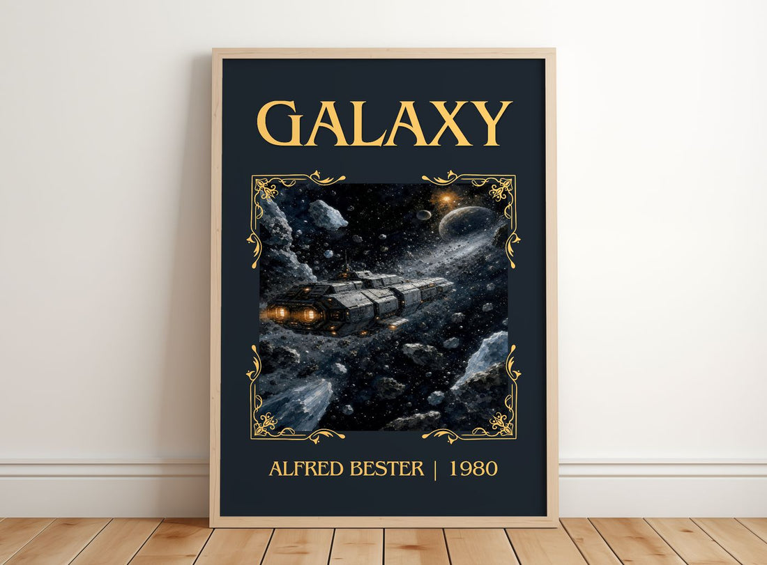 Galaxy Classic Book Art Print by Alfred Bester – framed print leaning on a wooden floor