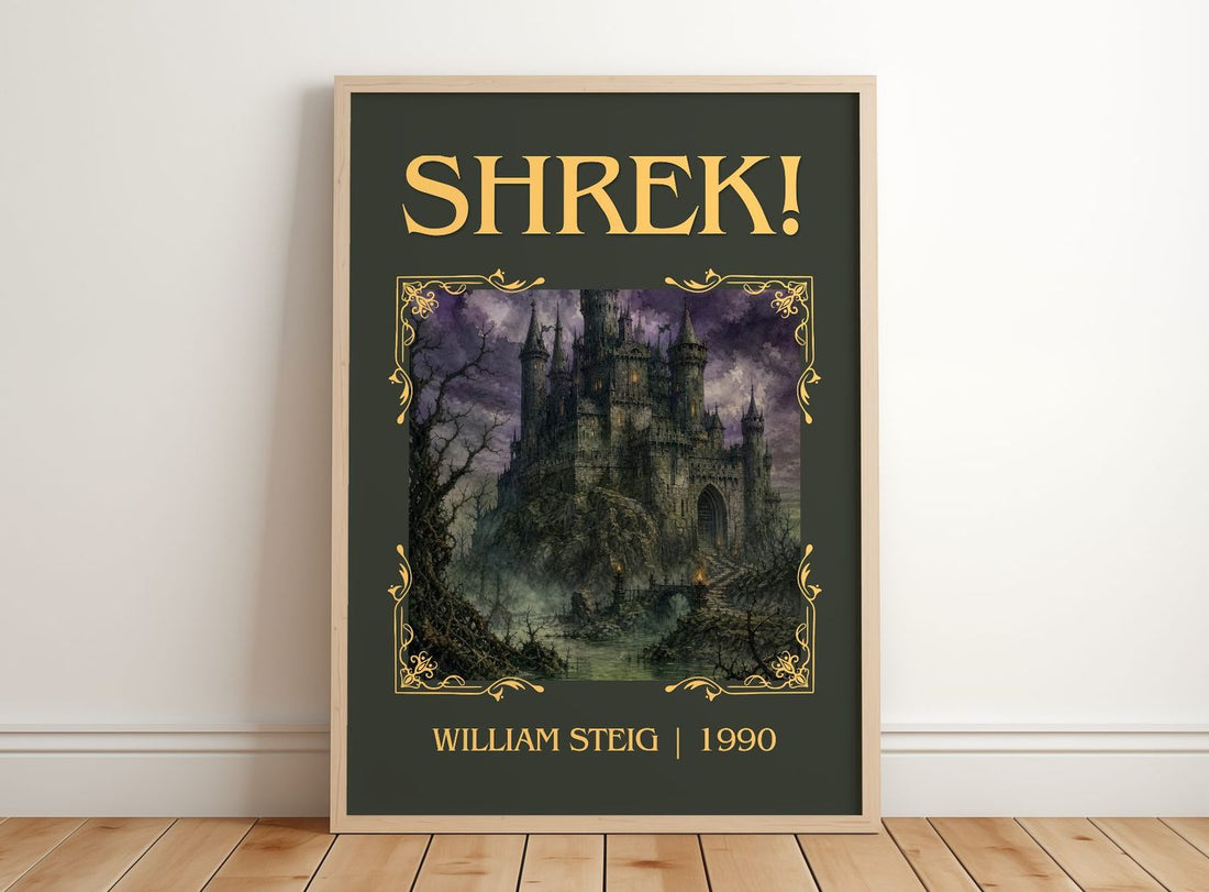 Shrek! Classic Book Art Print by William Steig – framed print leaning on a wooden floor
