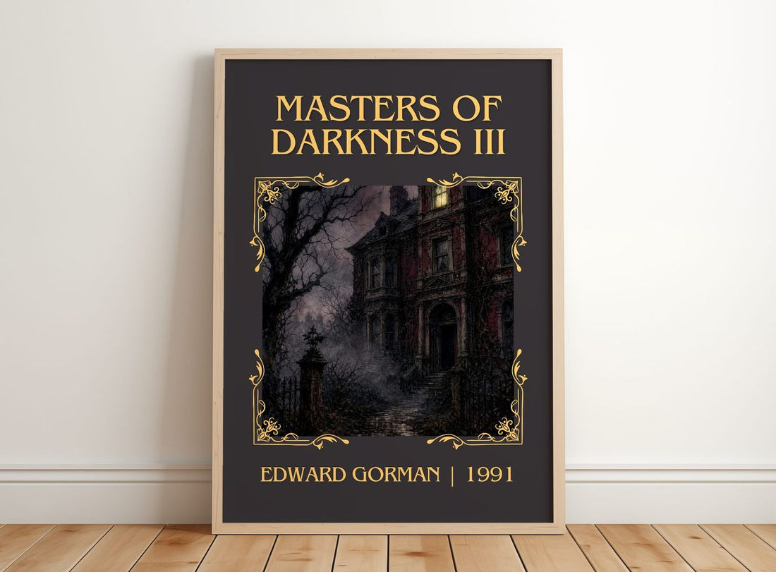 Masters of Darkness III Classic Book Art Print by Edward Gorman – framed print leaning on a wooden floor